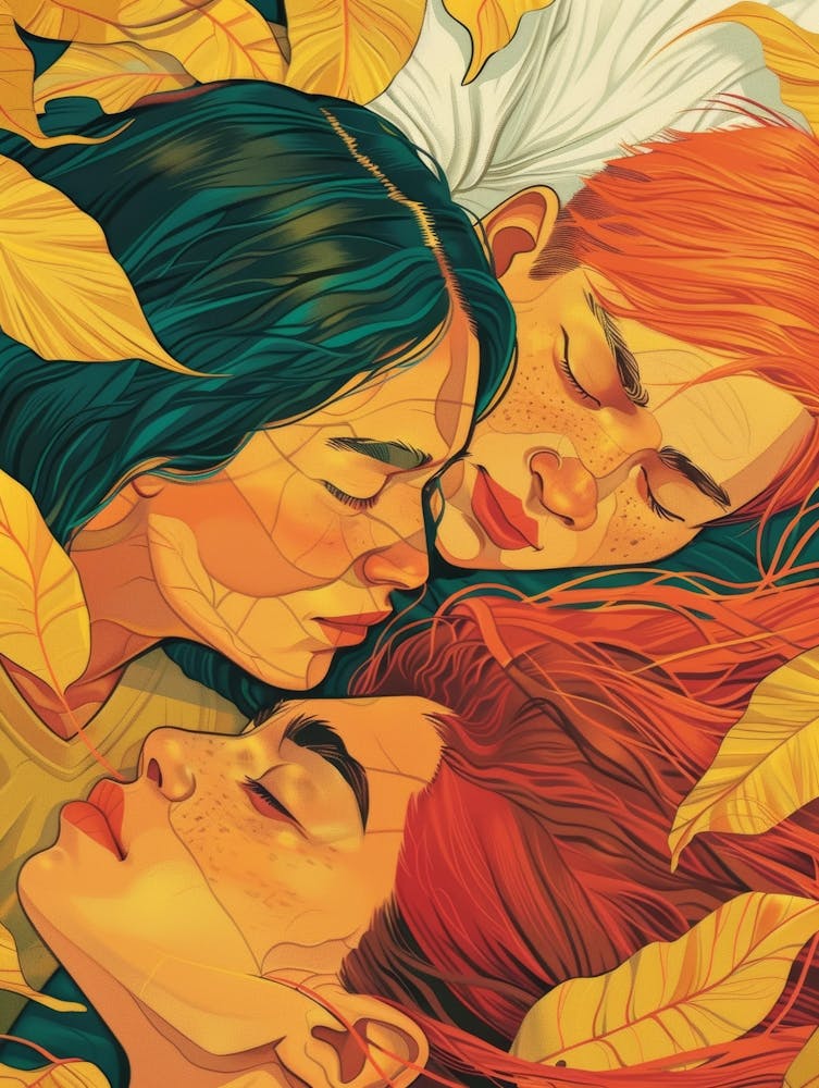 Trois Filles Dormant Dans les Feuilles d'Automne