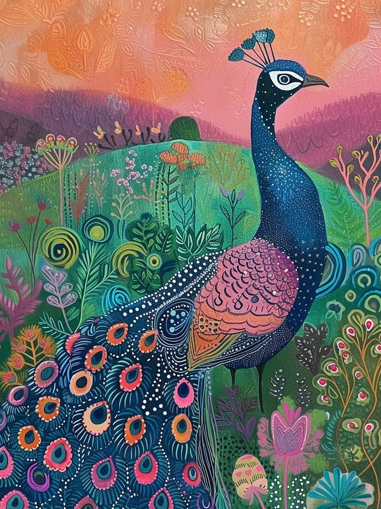 Folk Floral Peacock In The Wild 2