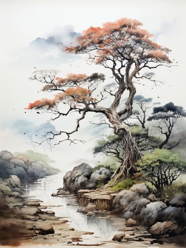 Ritsurin Garden In Kagawa, Japanese Brush Painting, Ukiyo E, Minimal 2