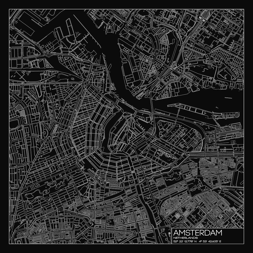 Amsterdam, Netherlands, City Map White On Black Blueprint Design
