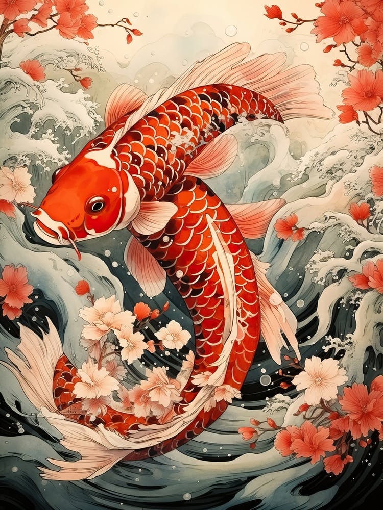 Koi Fish Animal Drawing In The Style Of Ukiyo E 1