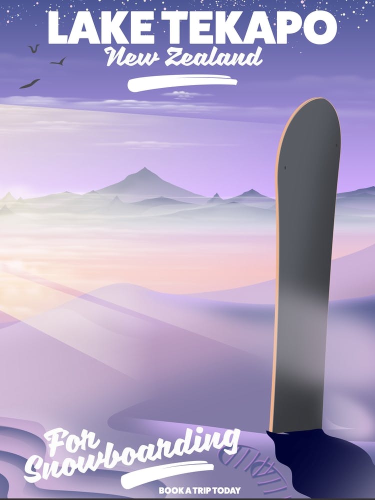 Lake Tekapo New Zealand Snowboarding travel poster