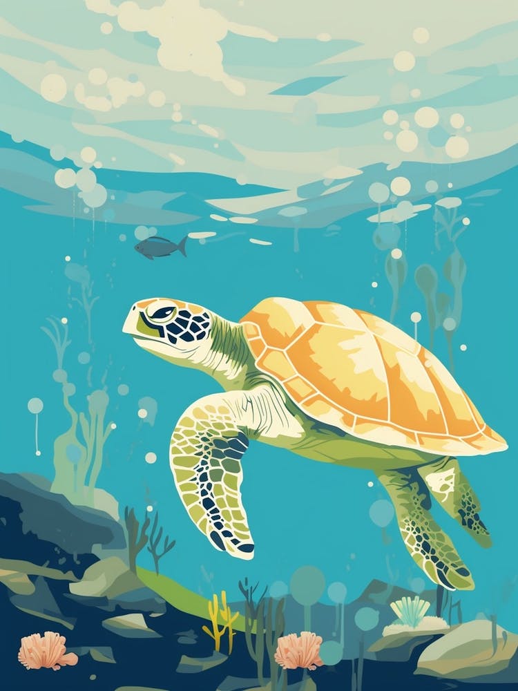 Block Colour Turtle Swimming Aqua 2