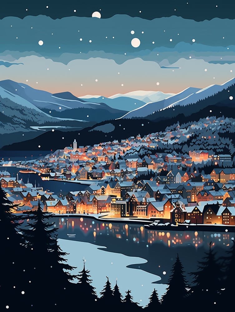 Winterreisen Nacht Illustration Bergen Norwegen 3
