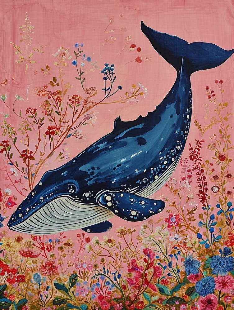 Floral Animal Painting Blue Whale 2
