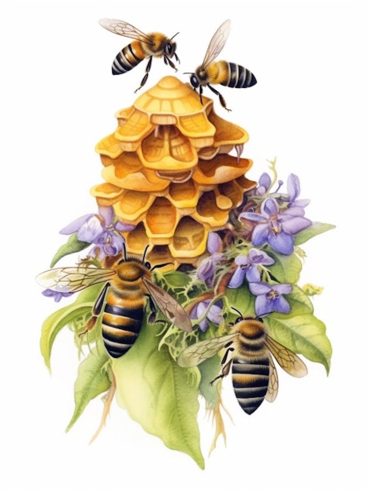 Bienenstock mit Bouvardia Aquarellillustration 3