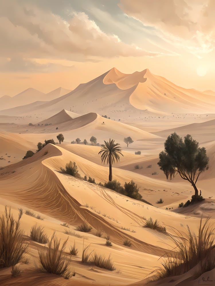 Oil Painting Style Desert Dunes In Minimalist Art