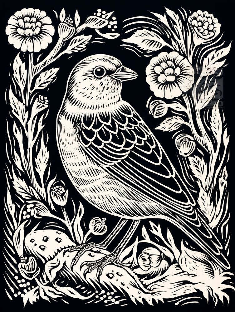 B&W Bird Linocut Yellowhammer 3