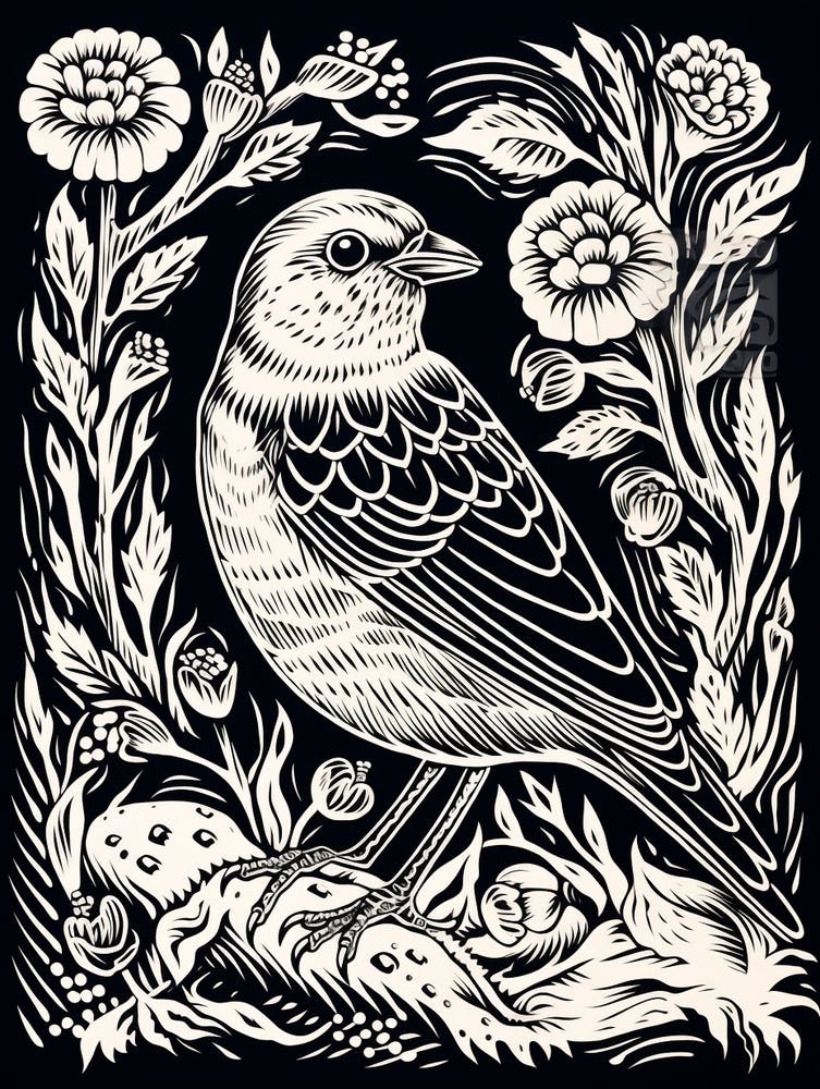 B&W Bird Linocut Yellowhammer 3