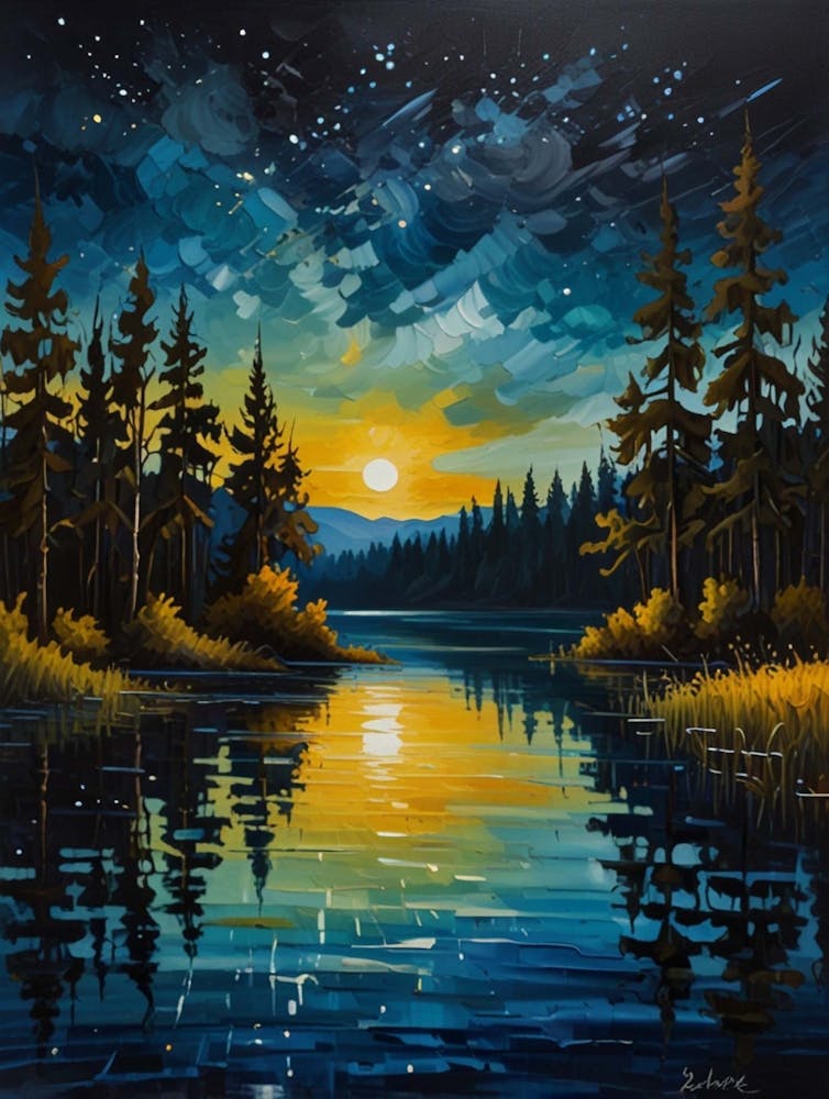 Moon Oil Painting Original Enchanting Night Sky And Cloud Art Signed Small Oil Painting Of Night Landscape (3)