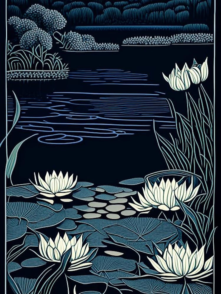 Water Lily Pond Landscapes Waterscape Linocut 2