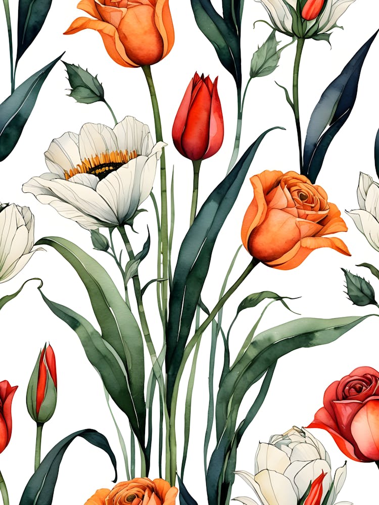 Seamless Pattern With Orange And White Flowers