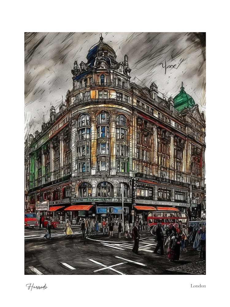 Harrods London Pencil Sketch 2 Watercolour Travel Poster