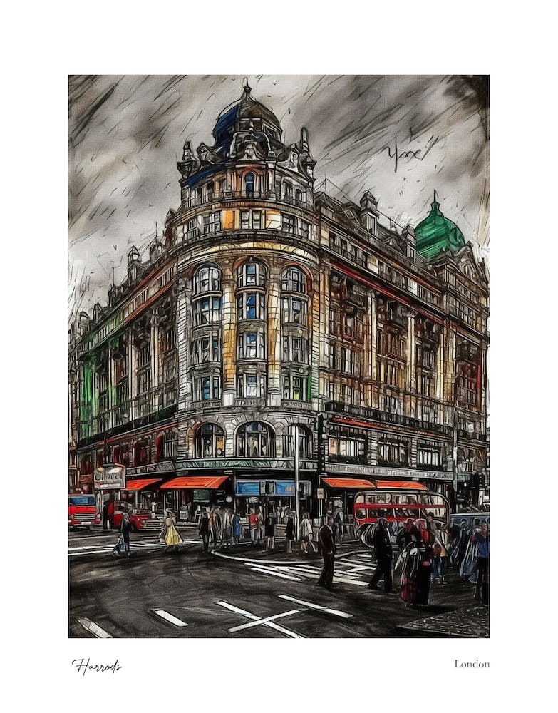 Harrods London Pencil Sketch 2 Watercolour Travel Poster