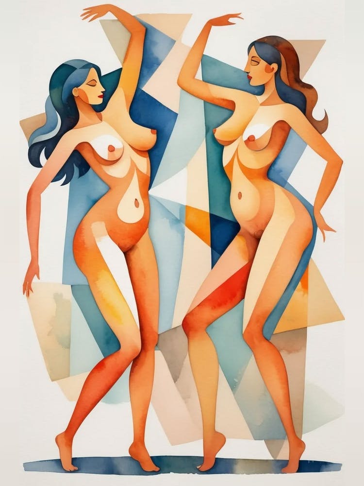 Zwei Nackte Frauen Tanzen Aquarellgemälde