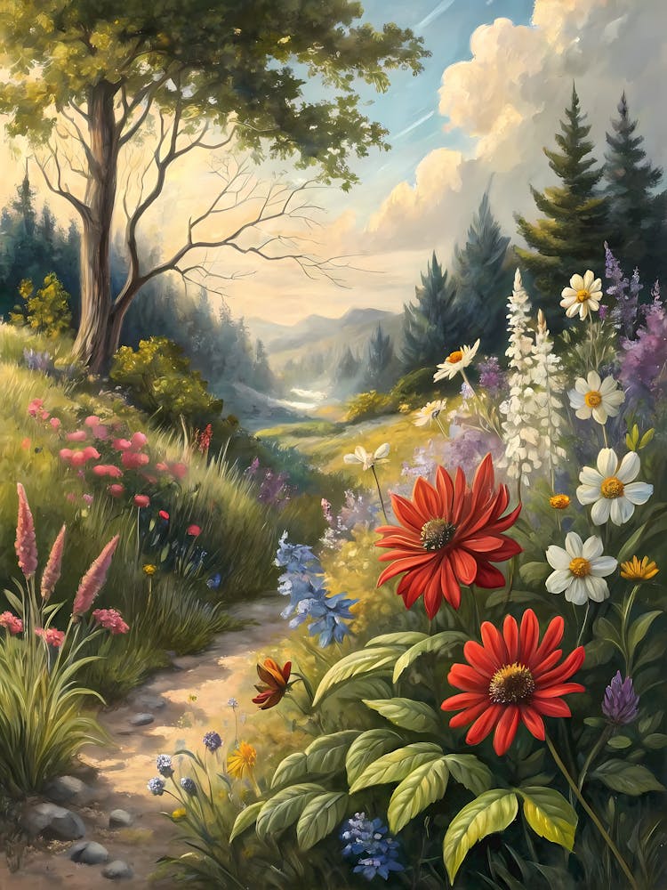 Oil Painting Style Meadow Path to Enchanted Forest Vibrant Floral Landscape
