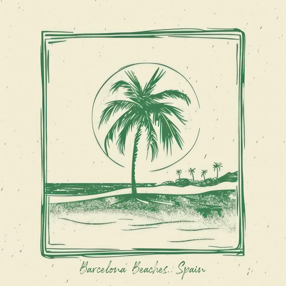 Barcelona Beaches, Spain Green Line Art Illustration