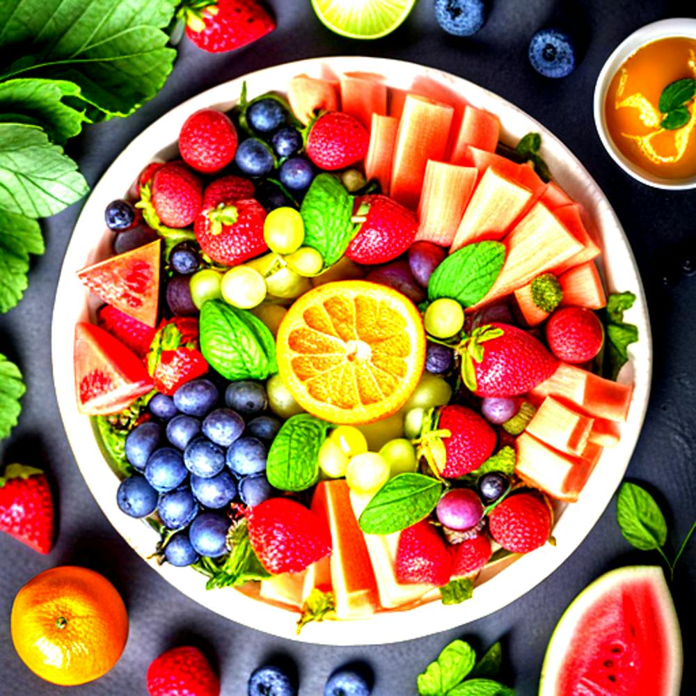 Sortierte Obstplatte mit reifen, saftigen Erdbeeren, süßen Trauben, spritzigen Zitrusfrüchten und saftiger Wassermelone, angerichtet auf einem Bett aus Grünzeug und akzentuiert mit Minzblättern, hohe Auflösung, lebendig, natürlich