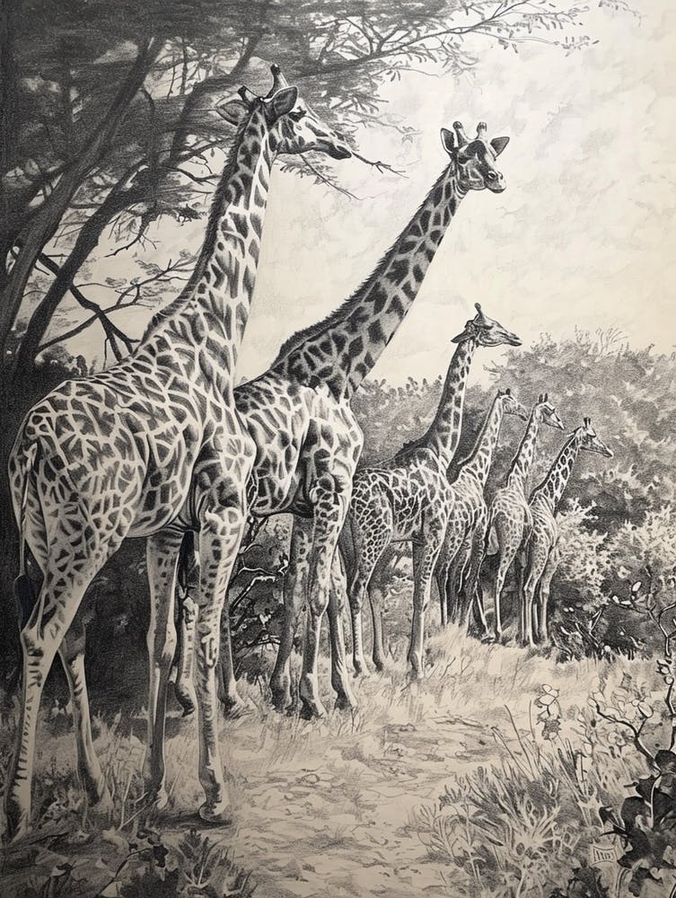 Pencil Portrait Herd Of Giraffes In The Wild  2