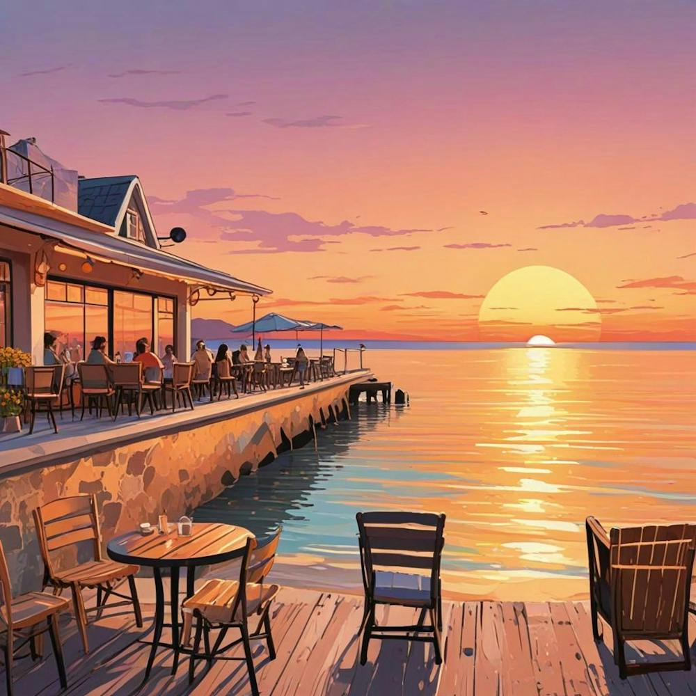 Sunset Outdoor Cafe Area At Beach Ocean Lake (1)