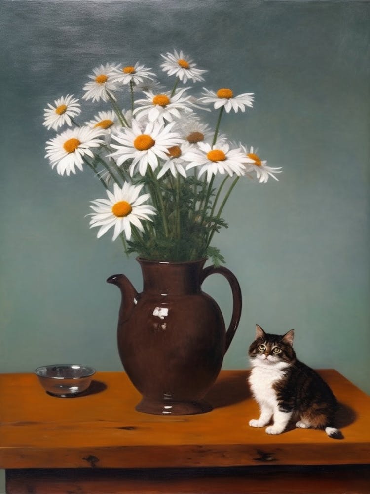 Painting Of A Still Life Of A Aster With A Cat, Realism 1