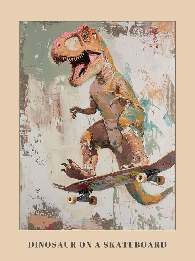 Mustard Tones Dinosaur On A Skateboard 3 Poster
