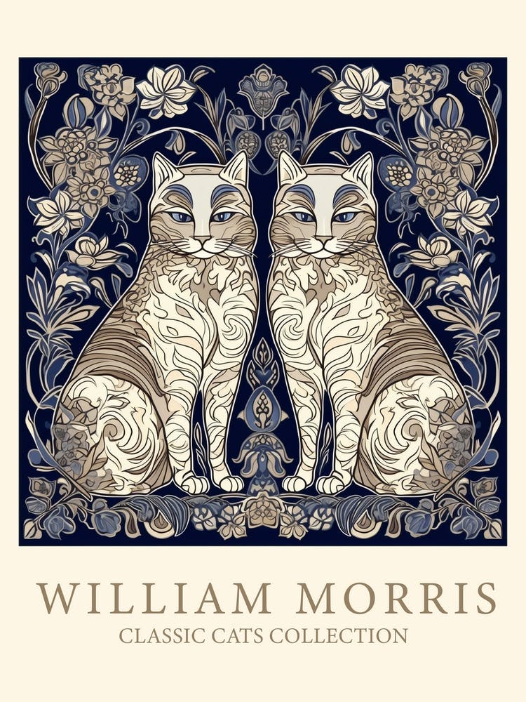 William Morris  Inspired  Classic Cats Brown And White Blue