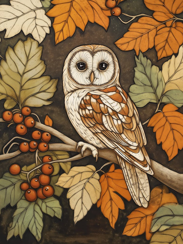 An Owl Perched On The Branch Of An Oak Tree, With Leaves And Berries In Detailed Woodcut Print Style