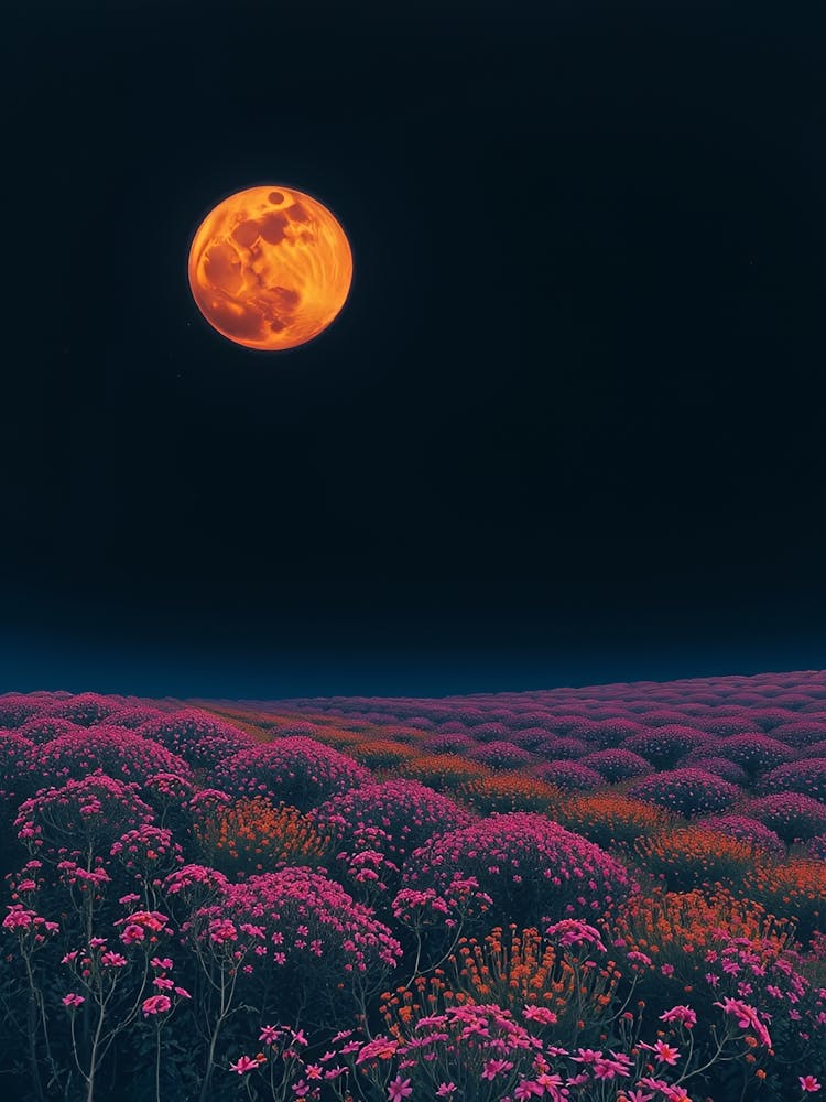 Full Moon Over Purple Flowers