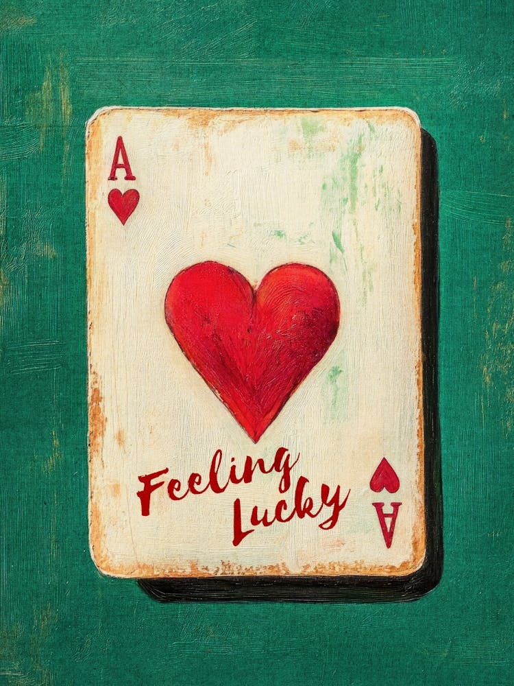 vintage painting of playing card with Feeling Lucky quote artwork trendy bedroom decor, Retro-style Ace of hearts card illustration eclectic living room decor, rustic wall art funky bar cart decor