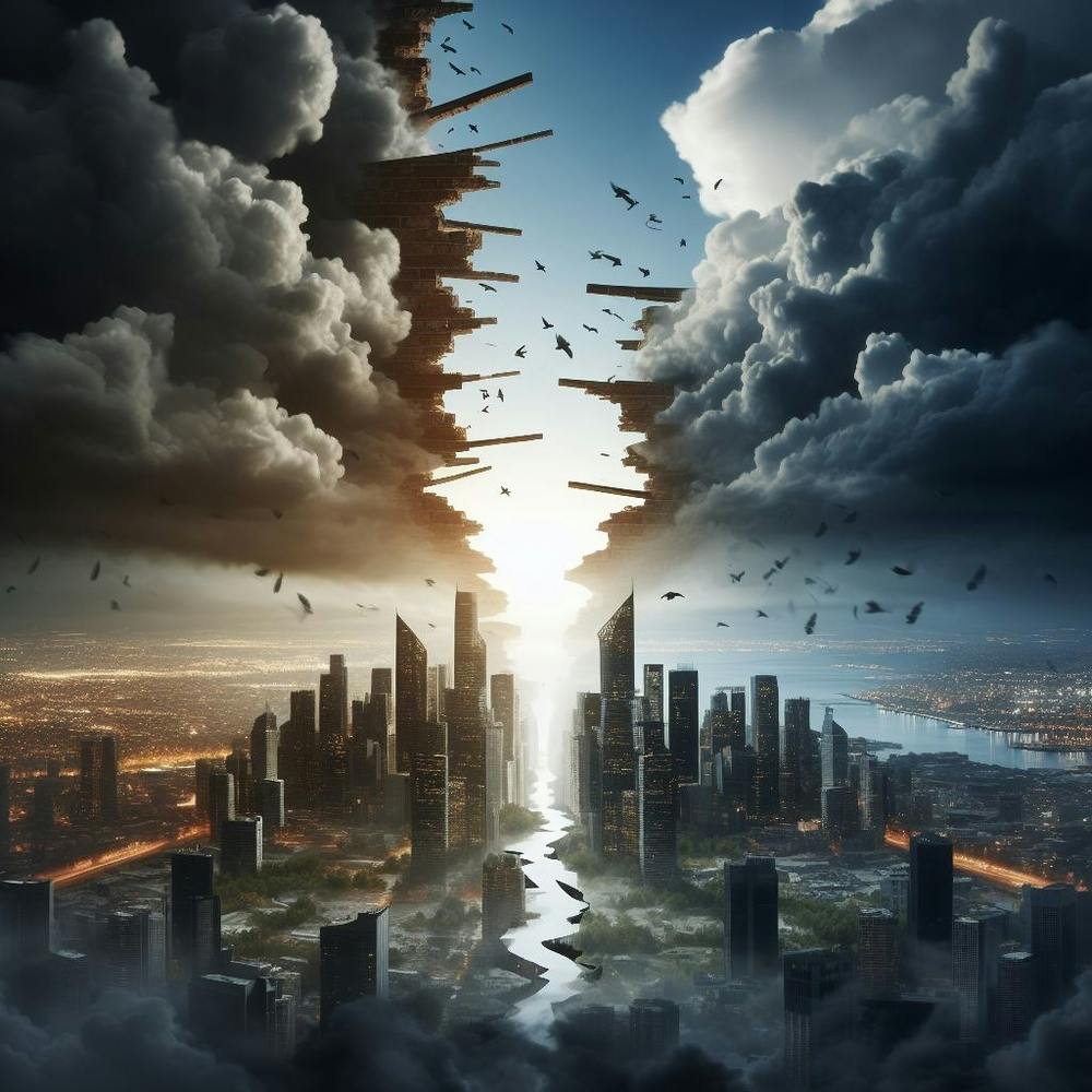 Broken city wit h dark clouds hovering over it with hope on the other side