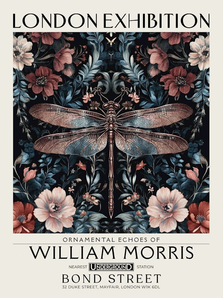 William Morris Dragonfly and floral artwork in Warm earth tones, insect and flower pattern dark academia library Botanical vintage print, living room vintage decor Floral tapestry Victorian nature art 7