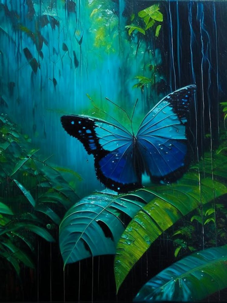 Morpho Butterfly In Rain Forest Oil Painting 2