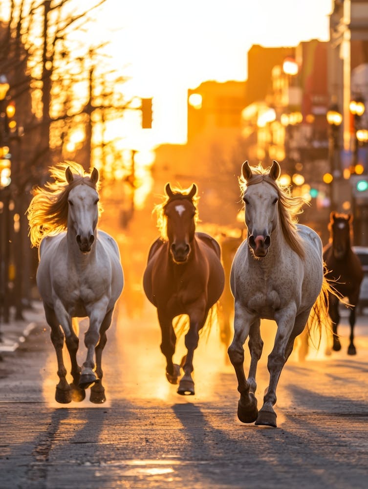 Horses Running In The Street. Generated AI.