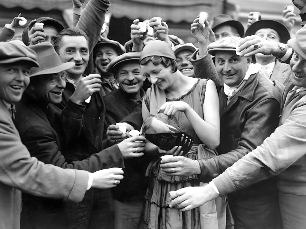End Of Prohibition, Crowd Of People Celebrating, Woman Pouring Beer, Bar Cart Decor, Vintage Black and White Old Photo