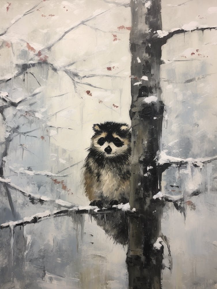 Vintage Winter Animal Painting Raccoon 1