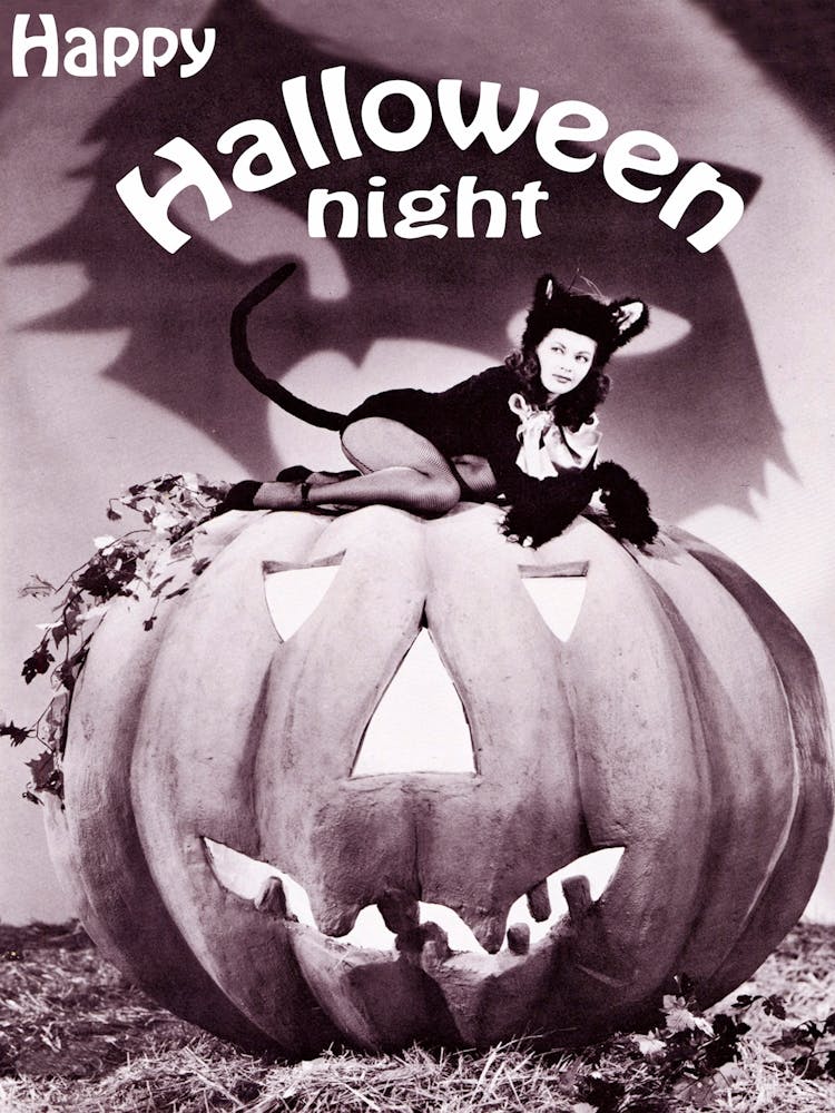 Happy Halloween Night, Pinup Cat Girl On A Big Pumpkin