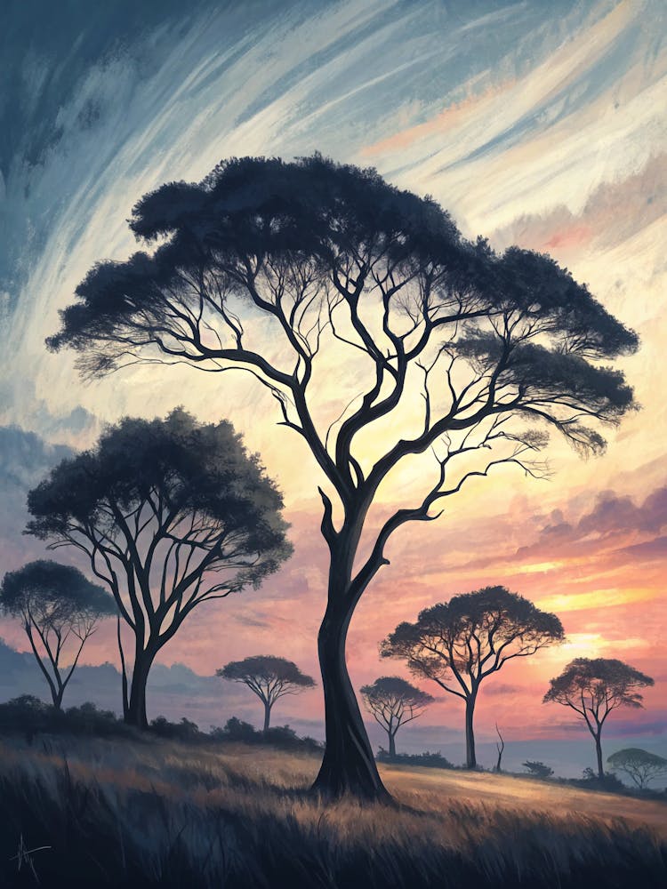 Oil Painting Style Abstract Tree Silhouettes