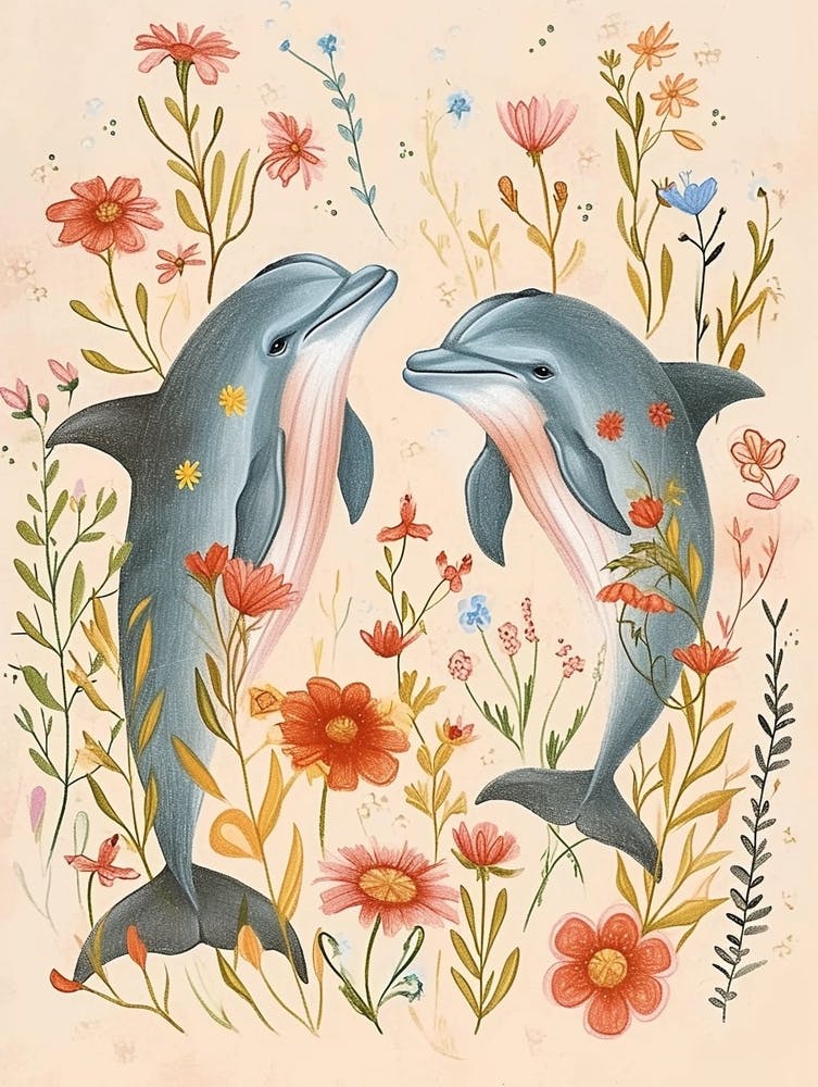 Folksy Floral Animal Drawing Dolphin 3