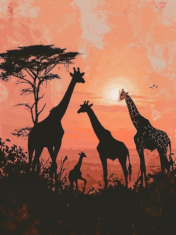 Giraffe Red Sunset Silhouette 3