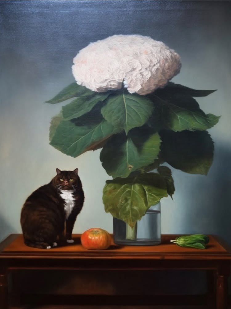 Painting Of A Still Life Of A Hydrangea With A Cat, Realism 2