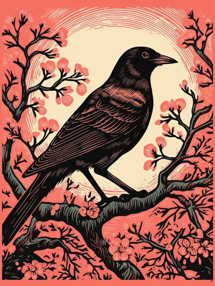 Vintage Bird Linocut Crow 3