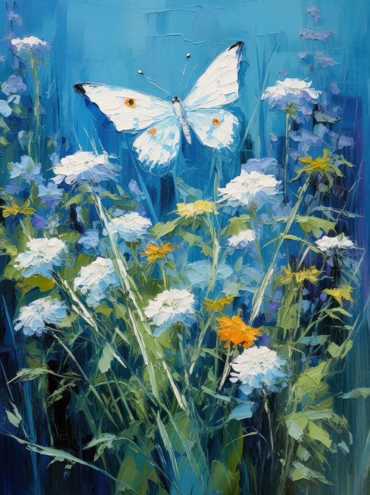 Weißer Schmetterling auf Blauen Blumen