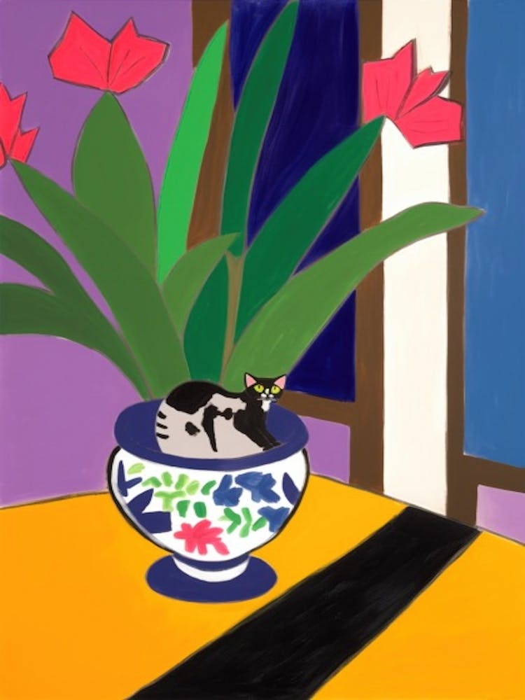 A Painting Of A Still Life Of A Iris With A Cat In The Style Of Matisse  3