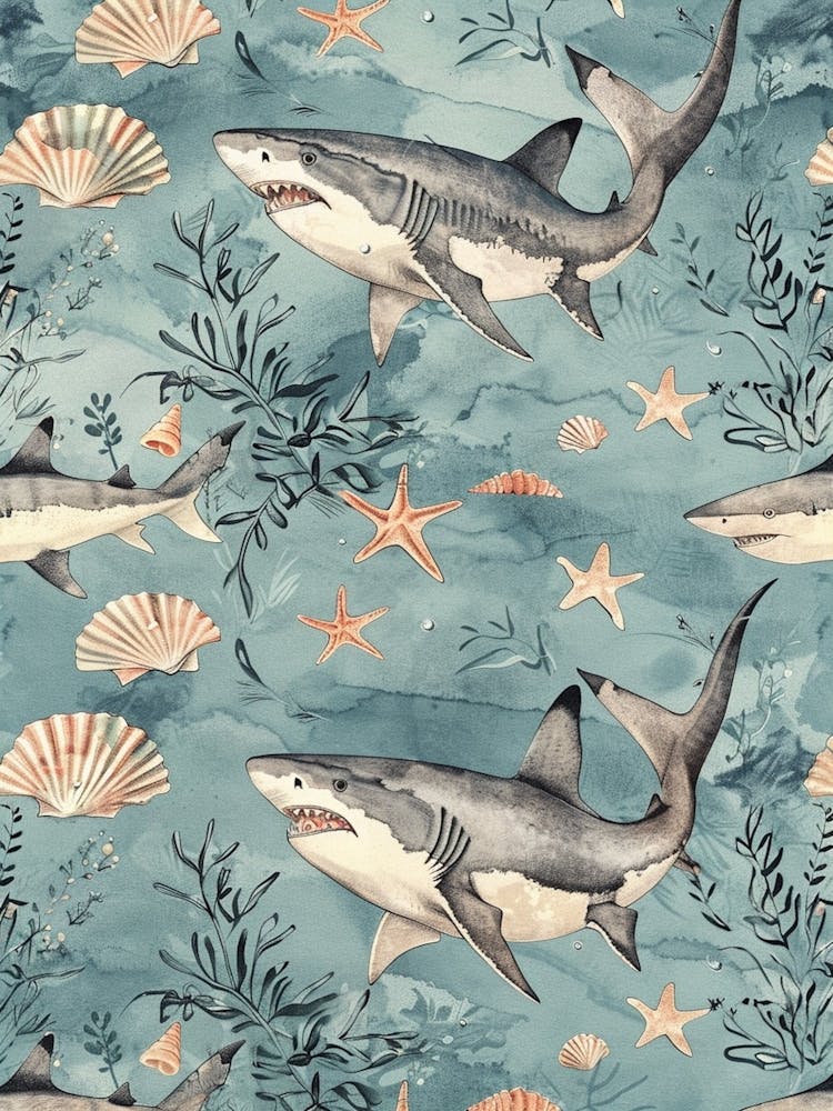 Requin-renard bleu pastel - Motif de paysage marin à l'aquarelle 1