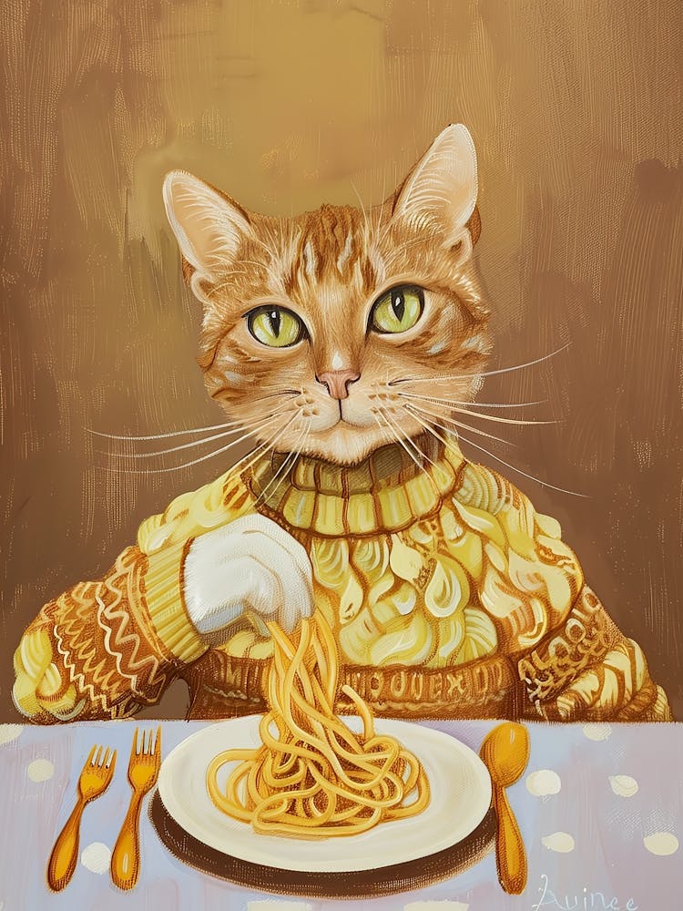 Cute Brown White Cat Eating Pasta Folk Illustration 4