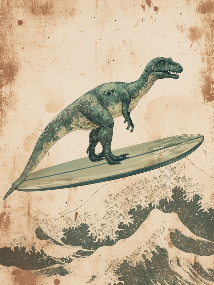 Vintage Plateosaurus Dinosaur On A Surf Board