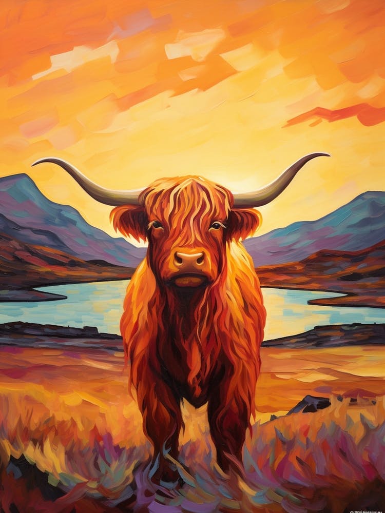 Sunset Brushstroke Impressionsim Style Painting Of A Highland Cow 1