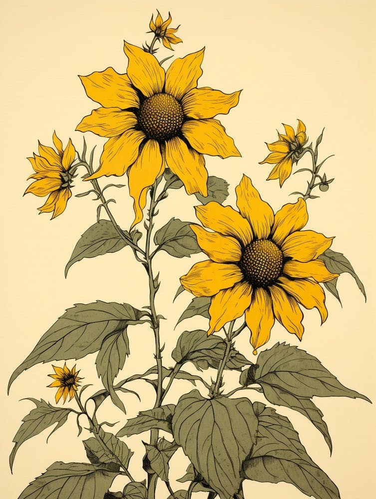 Himawari Sunflower Vintage Japanese Botanical