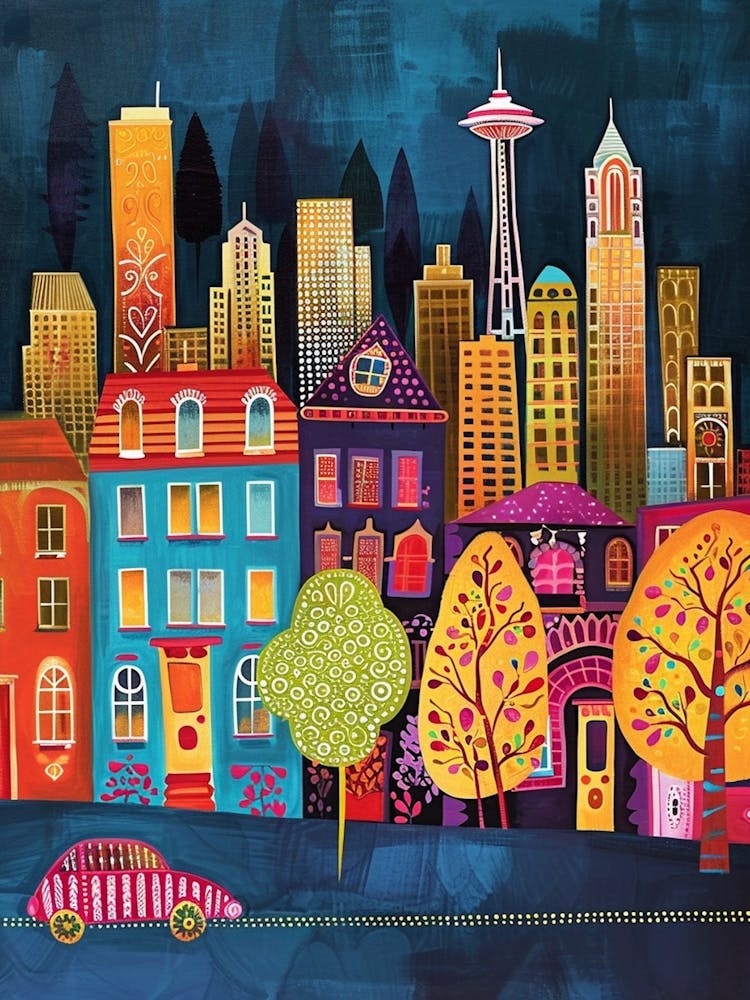 Kitsch Colourful Seattle Inspired Cityscape 3